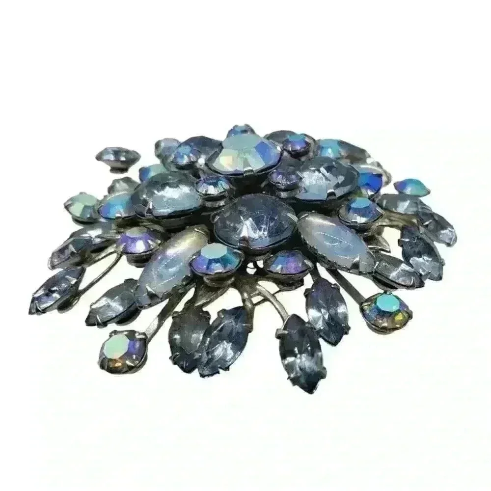 Vintage Blue Brooch Rhinestone & Moonstone Beau Judy Lee Spray Large Statement